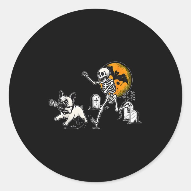 Skeleton Chasing French Bulldog Halloween Dog Mom  Classic Round Sticker (Front)