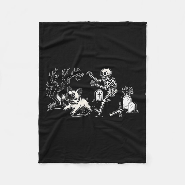 Skeleton Chasing French Bulldog Halloween Dog Mom  Fleece Blanket (Front)