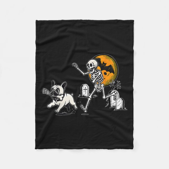 Skeleton Chasing French Bulldog Halloween Dog Mom  Fleece Blanket (Front)