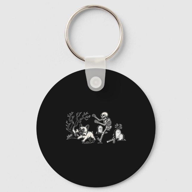 Skeleton Chasing French Bulldog Halloween Dog Mom  Keychain (Front)