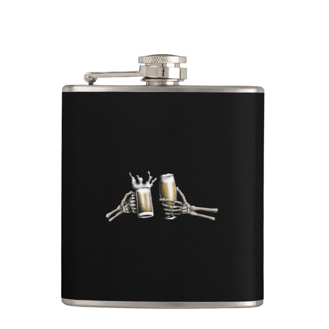 Skeleton Cheers on a  Hip Flask (Front)