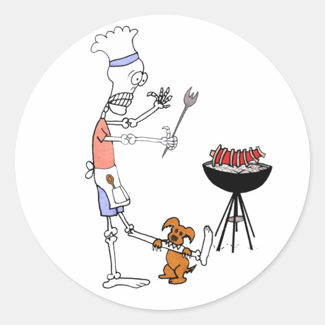 Skeleton Chef Grilling BBQ and Dog Gnawing on Bone Classic Round Sticker (Front)