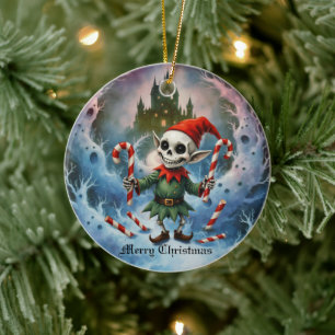 Skeleton Christmas Elf – Creepy Cute Dark Holiday Ceramic Ornament
