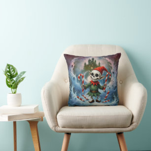 Skeleton Christmas Elf – Creepy Cute Dark Holiday Throw Pillow