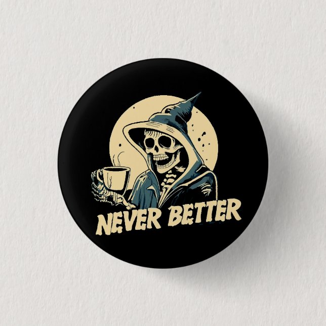 Skeleton Coffee Halloween 1 Inch Round Button (Front)