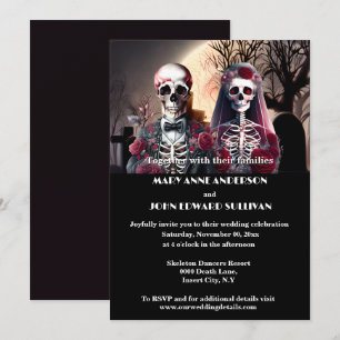 Skeleton couple burgundy plum black gothic invitation
