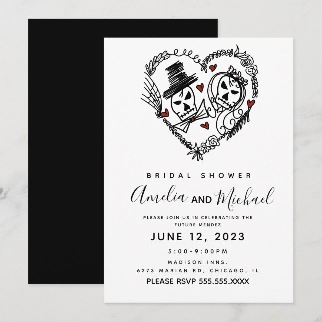 Skeleton Couple Doodle Illustration Bridal Shower Invitation (Front/Back)
