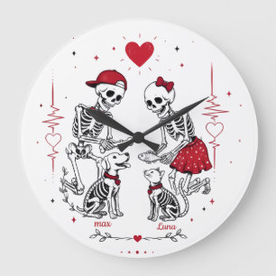 Skeleton Couple Feeding Dog & Cat Large Clock