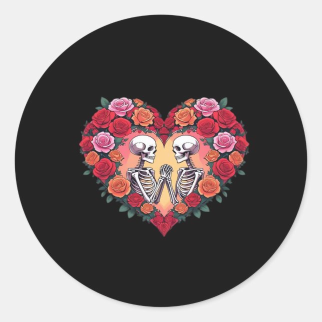 Skeleton Couple Holding Hands Inside A Heart Of Ro Classic Round Sticker (Front)