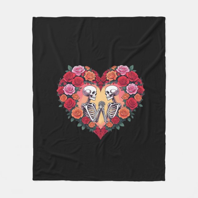 Skeleton Couple Holding Hands Inside A Heart Of Ro Fleece Blanket (Front)