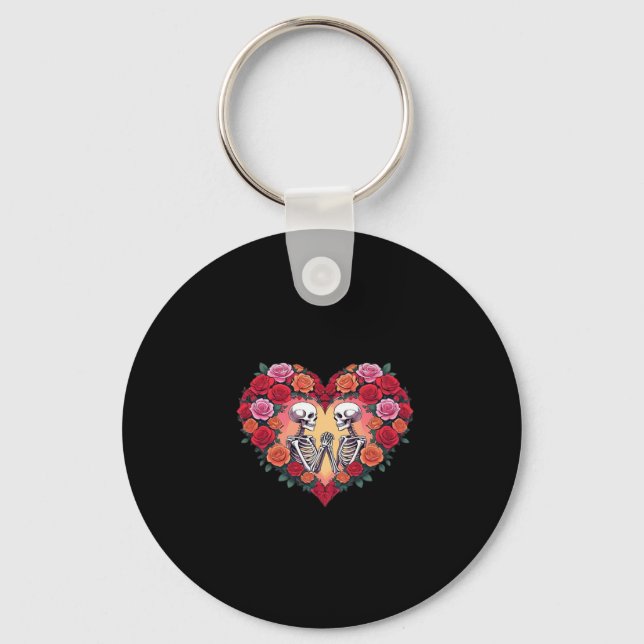 Skeleton Couple Holding Hands Inside A Heart Of Ro Keychain (Front)