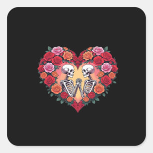 Skeleton Couple Holding Hands Inside A Heart Of Ro Square Sticker