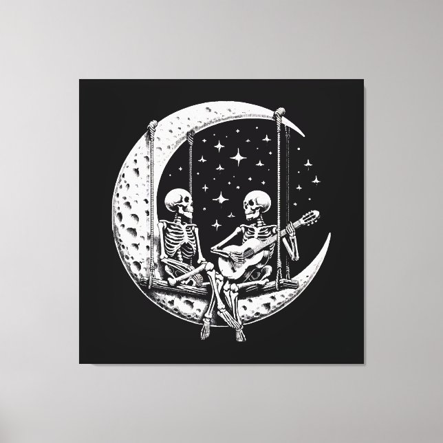 Skeleton Couple Moon Guitar Canvas Print (Front)