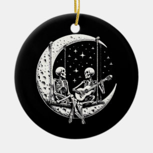 Skeleton Couple Moon Guitar Ceramic Ornament