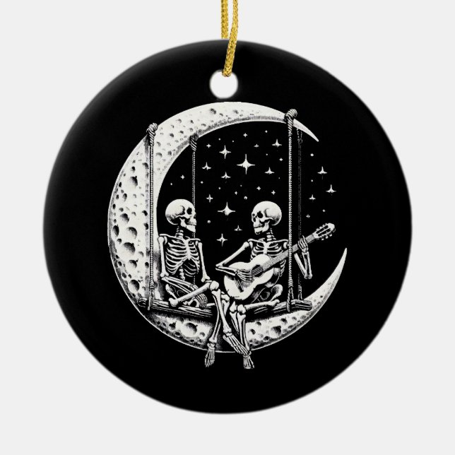 Skeleton Couple Moon Guitar Ceramic Ornament (Front)