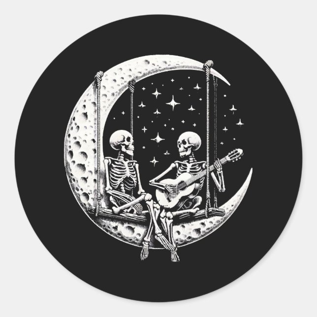 Skeleton Couple Moon Guitar Classic Round Sticker (Front)