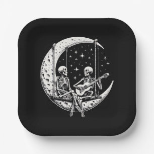 Skeleton Couple Moon Guitar Paper Plate