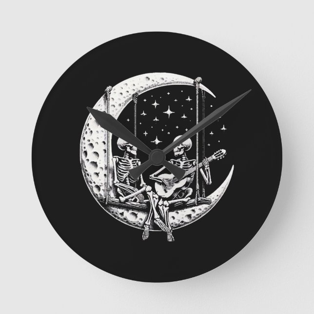 Skeleton Couple Moon Guitar Round Clock (Front)