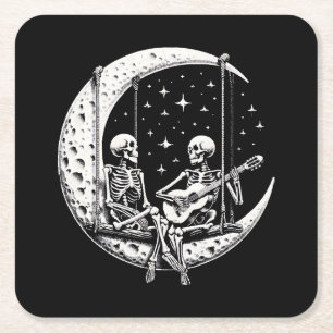 Skeleton Couple Moon Guitar Square Paper Coaster