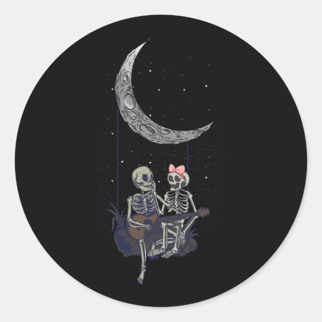 Skeleton Couple Moon Swing Playing Guitar Hallowee Classic Round Sticker (Front)