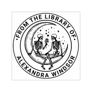 Skeleton Couple on Crescent Moon Library Book Name Self-inking Stamp