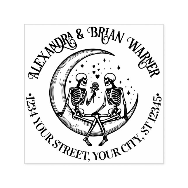 Skeleton Couple on Crescent Moon Name Ret Address Self-inking Stamp (Design)