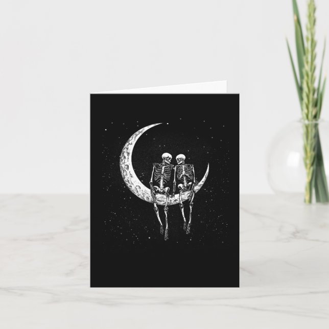 Skeleton Couple On Moon Funny Halloween Costume Me Card (Front)