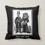 Skeleton Couple - Pillow #2 (Customize)<br><div class="desc">Customize by changing the background colour or changing the captions. 

A digitally manipulated vintage image based on a piece created by Jose Guadalupe Posada (1852-1913),  famous for his "Day of the Dead" images.</div>