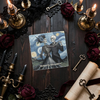 Skeleton Couple Starry Night Gothic Wedding Favour Glass Coaster