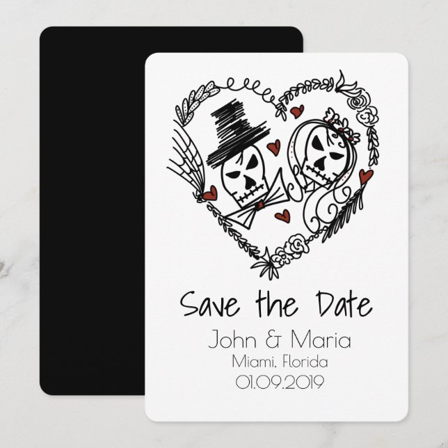 Skeleton Couple Wreath Heart Doodle Save the Date Invitation (Front/Back)