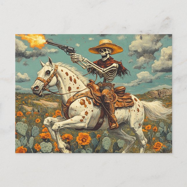Skeleton Cowboy on a Appaloosa Horse in Cactus  Postcard (Front)