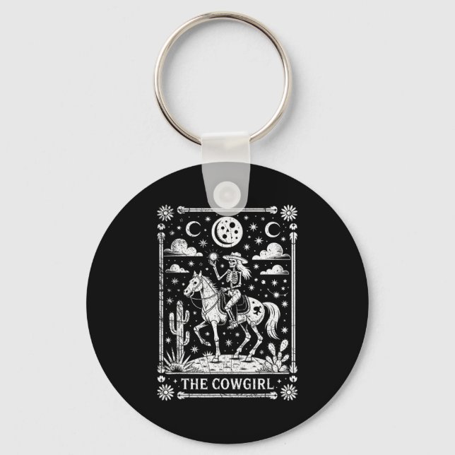 Skeleton Cowgirl Riding Horse Tarot Card Gothic Ha Keychain (Front)