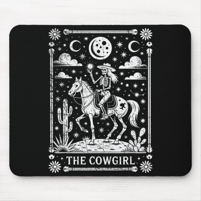 Skeleton Cowgirl Riding Horse Tarot Card Gothic Ha Mouse Pad (Front)