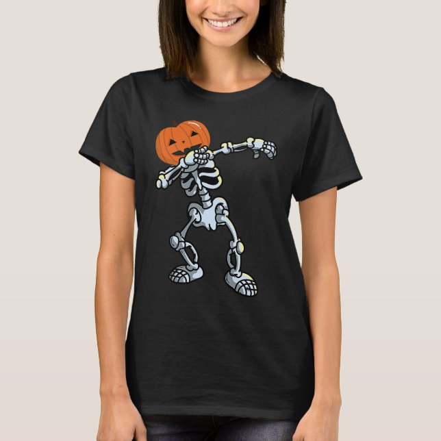 Skeleton Dabbing Pose Jack O' Lantern Pumpkin Hall T-Shirt (Front)