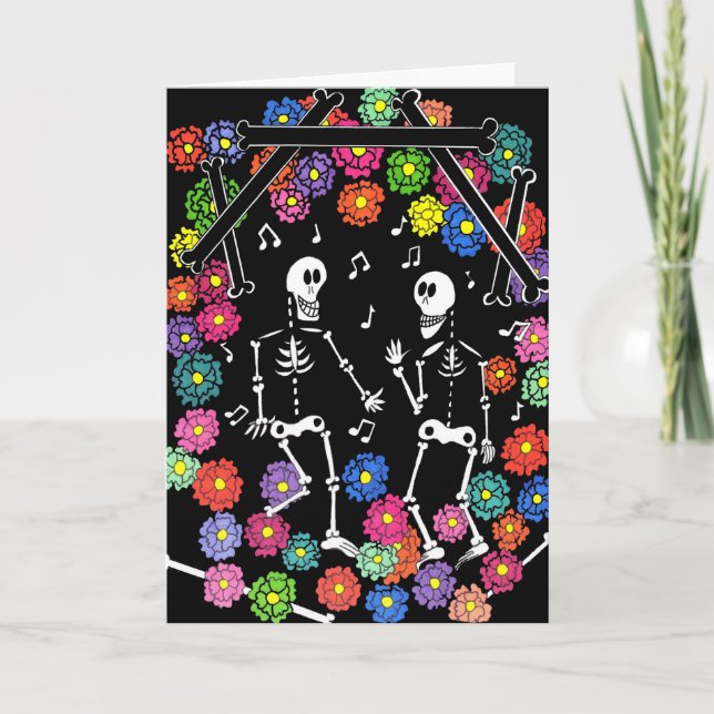 Skeleton Dancers Dancing to Music amongst Flowers  Holiday Card (Front)