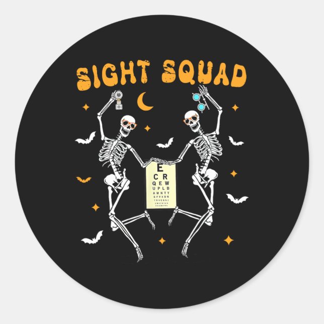 Skeleton Dancing Sight Squad Halloween Optometrist Classic Round Sticker (Front)