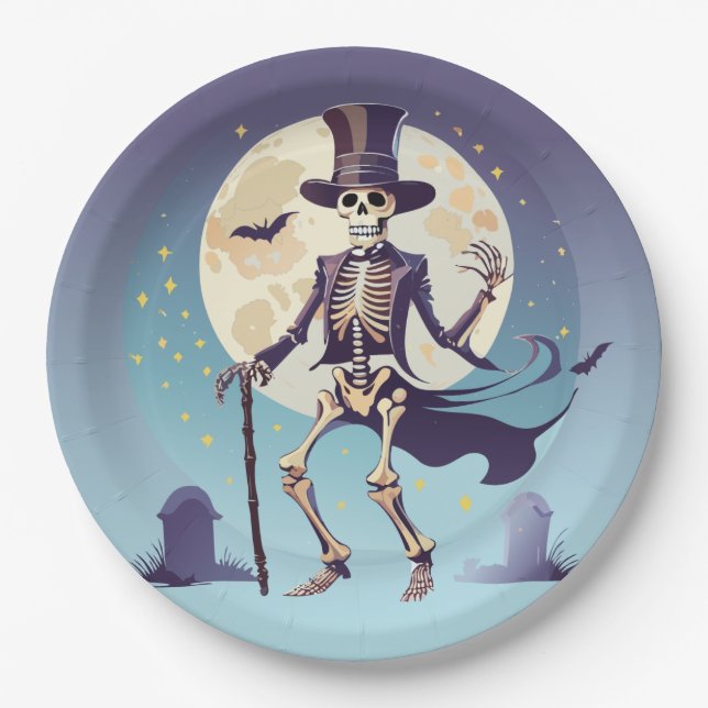 Skeleton Dancing Under The Moon Halloween Paper Plate (Front)