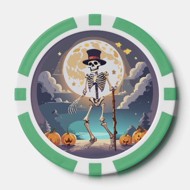 Skeleton Dancing Under The Moon Halloween Poker Chips (Front)