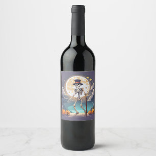 Skeleton Dancing Under The Moon Halloween Wine Label