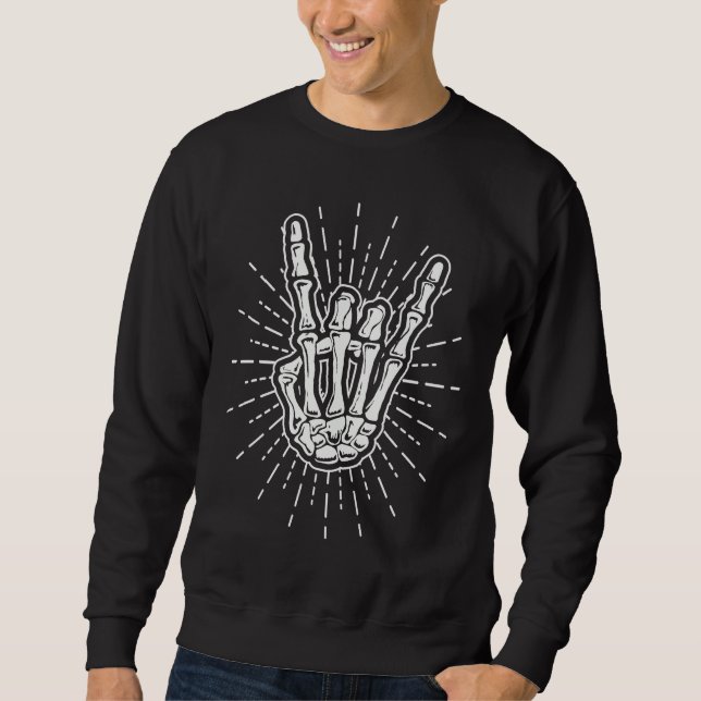 Skeleton Devil Horns Rock Music  Halloween Sweatshirt (Front)