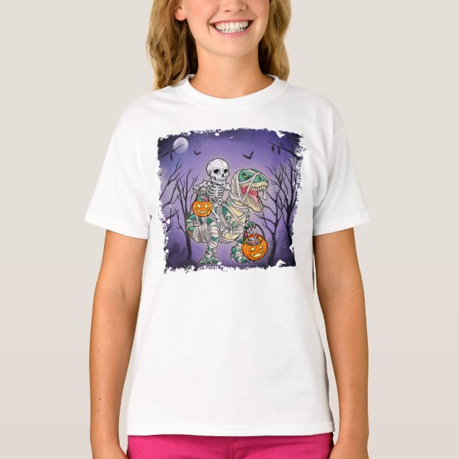 Skeleton Dinosaur T-Rex Halloween Spooky Funny T-Shirt (Front)
