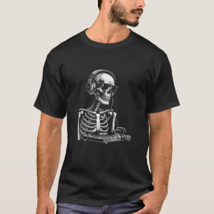 Skeleton DJ Lazy Halloween Costume Headphones Disc T-Shirt