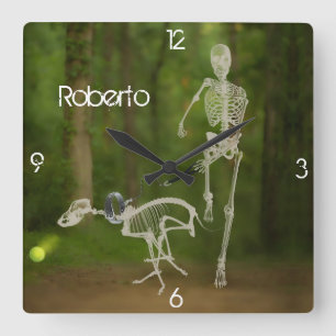 Skeleton Dog and Human Running Square Wall Clock