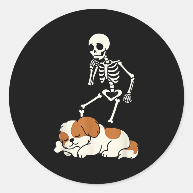 Skeleton Dog Halloween Skeleton Chasing Shih Tzu S Classic Round Sticker (Front)