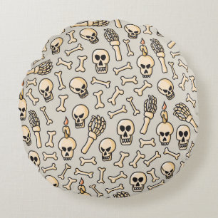 Skeleton Doodles: Vintage Textile Pattern. Round Pillow