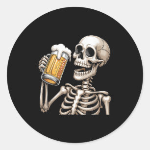 Skeleton Drinking Beer Halloween Soky Season Mens Classic Round Sticker