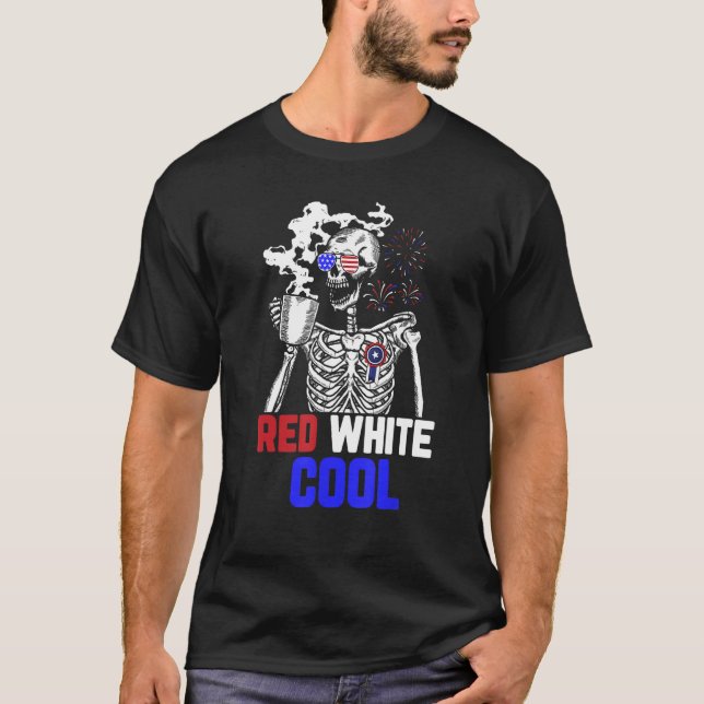 Skeleton Drinking Coffee 4th of July Cool Red And  T-Shirt (Front)