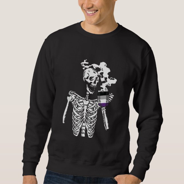 Skeleton Drinking Coffee Asexual Pride Skull Lgbt  Sweatshirt (Front)