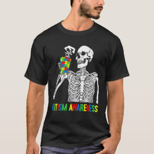 Skeleton Drinking Coffee Autism Awareness Puzzle P T-Shirt