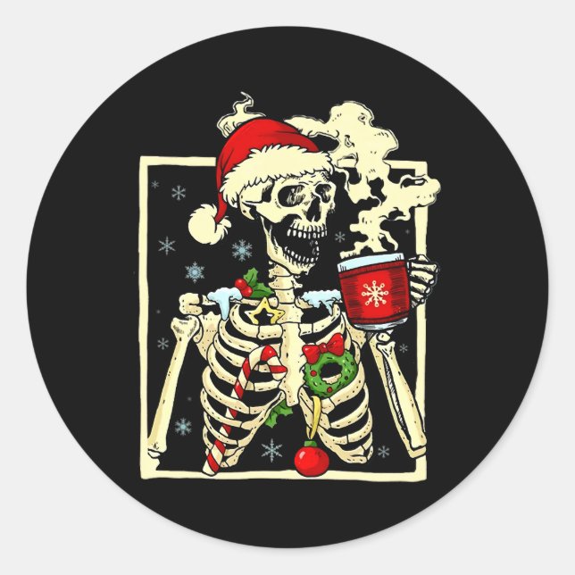 Skeleton Drinking Coffee Dead Inside But Christmas Classic Round Sticker (Front)